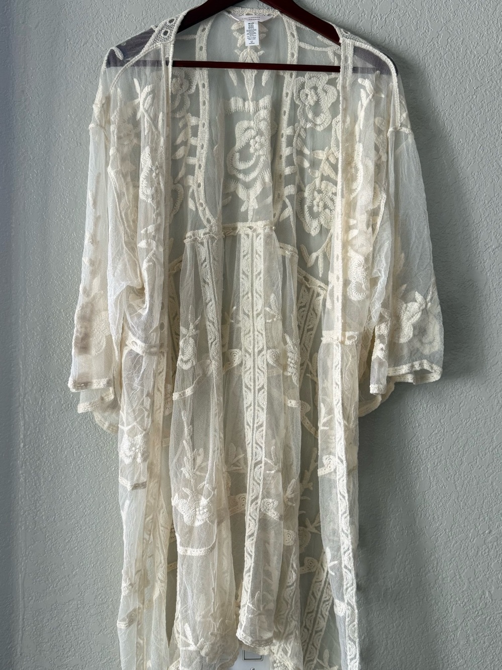 LC Lauren Conrad Ivory Embroidered Lace Open Kimono Jacket 3/4 Sleeve One Size